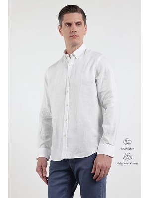 İmza Beyaz Keten Düğmeli Yaka Uzun Kol Cepsiz Slim Fit %100 Keten Gömlek 1004260161