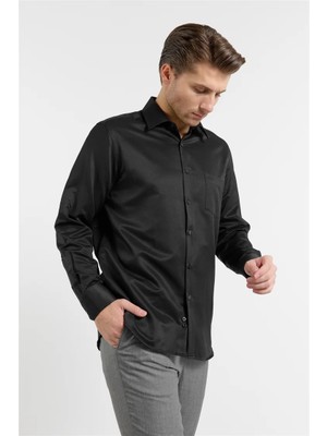 İmza Siyah Kendinden Desenli Sert Yaka Uzun Kol Cepli Comfort Fit Pamuklu Gömlek 1004255269