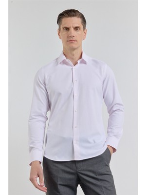 İmza Pudra Kendinden Desenli Sert Yaka Uzun Kol Cepsiz Slim Fit Pamuklu Gömlek 1004255283