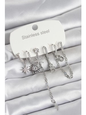 Aylina Mey Ithalat® 316L Çelik Gümüş Renk 6'lı Set Charmlı Kadın Küpe