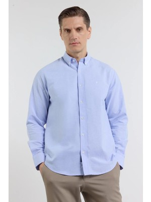 İmza Mavi Oxford Düğmeli Yaka Uzun Kol Cepsiz Slim Fit Pamuklu Gömlek 1004260182