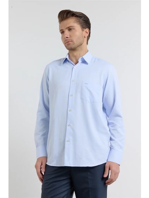 İmza Mavi Kendinden Desenli Sert Yaka Uzun Kol Cepli Comfort Fit Pamuklu Gömlek 1004255269