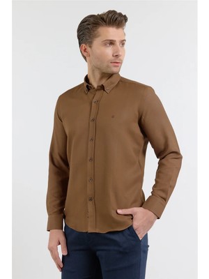 İmza Koyu Kahverengi Perfetto Düğmeli Yaka Uzun Kol Cepsiz Slim Fit Cls Gömlek 1004255173