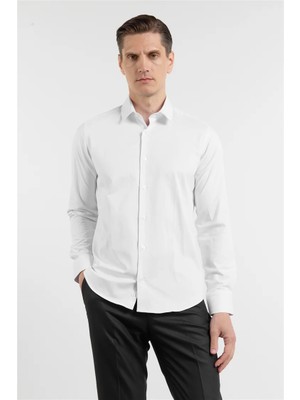 İmza Beyaz Sert Yaka Uzun Kol Cepsiz Slim Fit Pamuklu Gömlek 1004255228