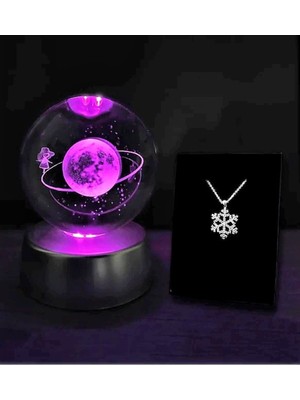 PremiumPort Renkli LED Işıklı Satürn Kız Küresi ve Dolunay Kristal Top Kolye