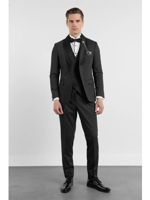 İmza Siyah Kılıç Yaka Düz Desen 6 Drop Slim Fit Esnek Damatlık Takım Elbise 1001260292