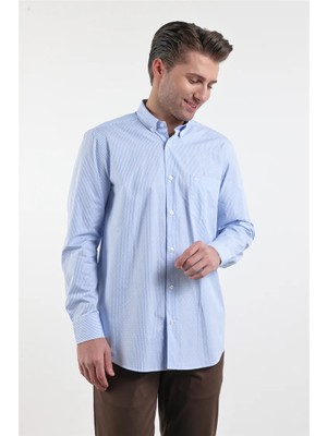 İmza Beyaz - Mavi Düğmeli Yaka Uzun Kol Cepli Comfort Fit %100 Pamuk Gömlek 1004260175