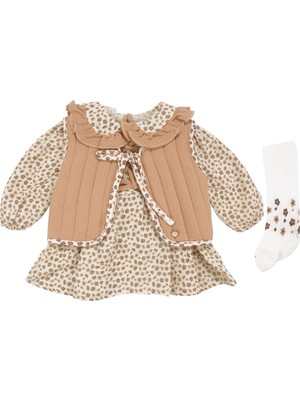 by BebekOdam Kız Bebek Ekru Turuncu Kapitone Yelekli Çiçek Desenli Yakalı Lüks 3'lü Elbise Takım - 1016545