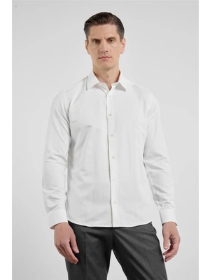 İmza Krem Rengi Sert Yaka Uzun Kol Cepsiz Slim Fit Pamuklu Gömlek 1004255913