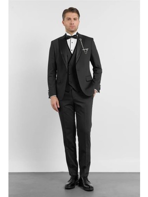 İmza Siyah Kılıç Yaka Düz Desen 6 Drop Slim Fit Esnek Yelekli Takım Elbise 1001260288