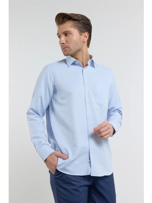 İmza Mavi Kendinden Desenli Sert Yaka Uzun Kol Cepli Comfort Fit Pamuklu Gömlek 1004255223