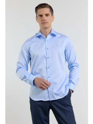İmza Mavi Saten Italyan Yaka Uzun Kol Cepsiz Slim Fit %100 Pamuk Gömlek 1004255231