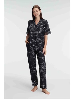 Brand Anıl 9895 Yarım Kollu V Yaka Kadın Viskon Çiçek Desenli Yazlık Dokuma Dantel Detaylı Pijama Takımı