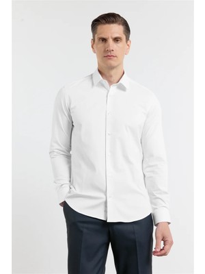 İmza Beyaz Kendinden Desenli Sert Yaka Uzun Kol Cepsiz Slim Fit Pamuklu Gömlek 1004255230
