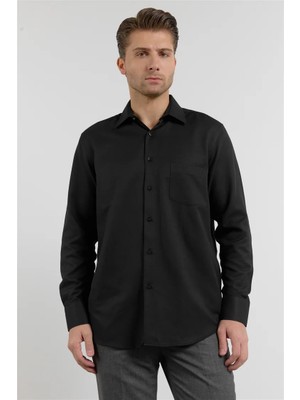 İmza Siyah Kendinden Desenli Sert Yaka Uzun Kol Cepli Comfort Fit Pamuklu Gömlek 1004255206