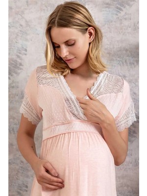 Brand Kadın Viskon Hamile Lohusa Dantelli Sabahlık ve Önden Açılan Emzirme Uzun Gecelik Elbise Takım (5508)