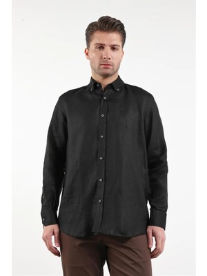 İmza Uzun Kol Düz Keten Düğmeli Yaka Cepsiz Casual Comfort Fit Gömlek 1004250114
