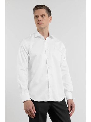İmza Beyaz Saten Italyan Yaka Uzun Kol Cepsiz Slim Fit %100 Pamuk Gömlek 1004255231