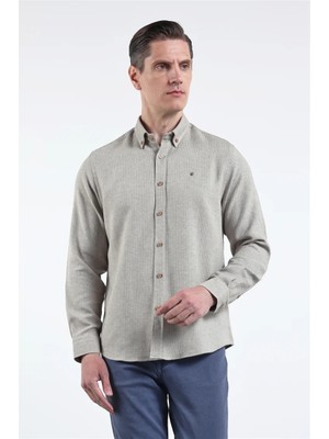 İmza Kahverengi - Beyaz Düğmeli Yaka Uzun Kol Cepsiz Slim Fit Pamuklu Gömlek 1004260164