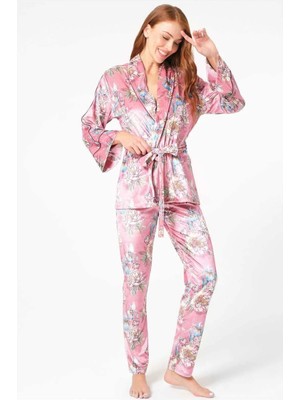 Brand Kadın Kadife Çiçek Baskılı Uzun Kol Sabahlık ve Pantolon Pijama Takım (9732)