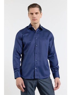 İmza Lacivert Saten Italyan Yaka Uzun Kol Cepsiz Slim Fit %100 Pamuk Gömlek 1004255231