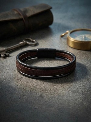 Generic Hakiki Deri Çoklu Sarmal Erkek Bileklik - Manyetik Klipsli Siyah & Kahve Kombin - Özel Tasarım