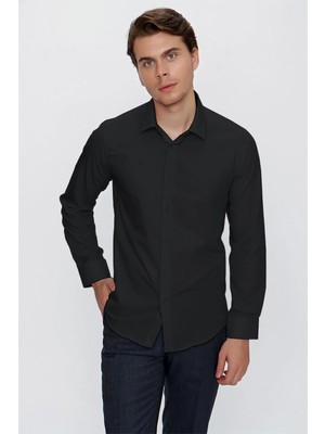 İmza Klasik Yaka Uzun Kol Cepsiz Slim Fit Basic Pamuklu Gömlek 1004255057