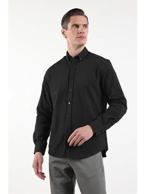 İmza Siyah Oxford Düğmeli Yaka Uzun Kol Cepsiz Slim Fit Pamuklu  Gömlek 1004260182
