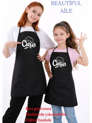 Sevilya Beautiful Aile Sıvı Geçirmez Su Geçirmez Mutfak Önlüğü Yetişkin ve Çocuk Önlüğü Siyah1