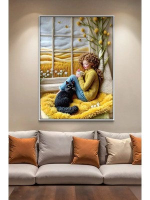Artan Gallery Çocuk Odası Duvar Tablosu | Sevimli Kız ve Kedi | Italyan Kadife | Yağlı Boya Görünümlü