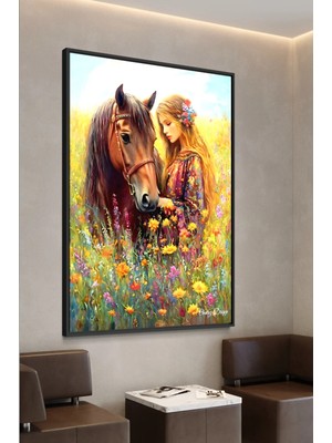Artan Gallery Italyan Kadife Duvar Tablosu | Kadın ve At | Yağlı Boya Görünümlü | Ahşap Çerçeveli