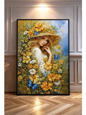 Artan Gallery Italyan Kadife Çiçekli Kadın Duvar Tablosu | Romantik Doğa | Yağlı Boya Görünümlü | Ahşap Çerçeveli