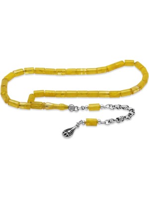 Tesbihane Ateş Kehribar Tesbih - Kararmaz Metal Damla Püsküllü - Sarı Renk - Mini Boy - Kesme Kesim