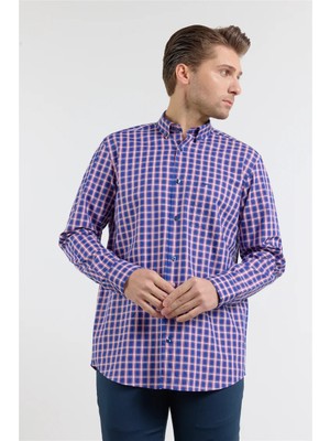 İmza Lacivert - Kırmızı Düğmeli Yaka Uzun Kol Cepli Comfort Fit %100 Pamuk Gömlek 1004260177