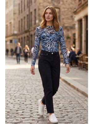 Lupinn Kadın Mavi Leopar Desenli Transparan Bluz Tül Uzun Kollu Slim Fit Body