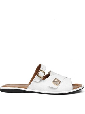 Celal Gültekin Kadın Beyaz Tokalı Deri Terlik