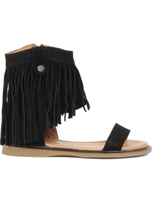 Celal Gültekin Kadın Siyah Püskülü Bohem Süet Deri Sandalet