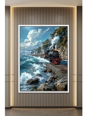 Artan Gallery Italyan Kadife Tren Tablosu | Deniz Dalgası & Sahil Manzarası Yağlı Boya Görünümlü Ahşap Çerçeveli