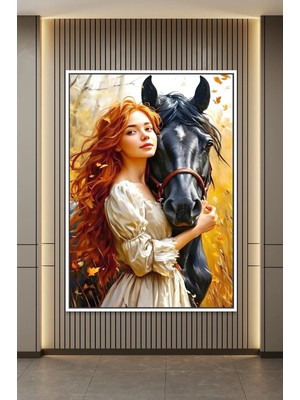 Artan Gallery Italyan Kadife At ve Kız Tablosu | Yağlı Boya Görünümlü Lüks Duvar Dekoru | Ahşap Çerçeve
