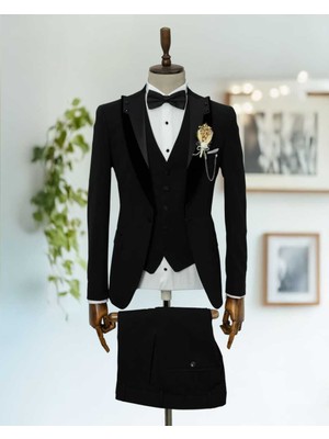 Beystil Sivri Yaka Siyah Damatlık & Smokin Takım -Slim Fit