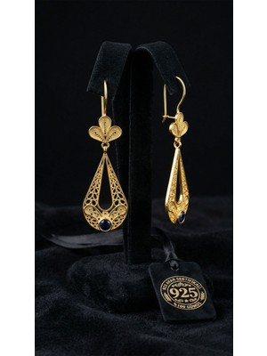 Erdobia 925 Ayar Gümüş Geleneksel El Işçiliği Telkari Altın Kaplama Safir Taşlı Lale Figürlü Damla Drop Küpe