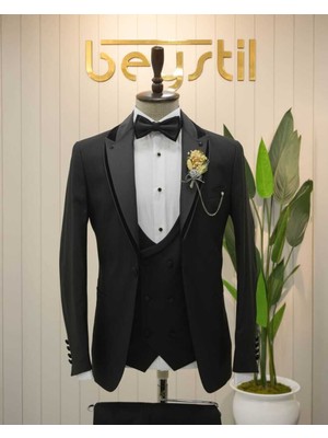 Beystil Şal Yaka Üzerine Sivri Yaka Siyah Damatlık & Smokin Takım 446- Slim Fit