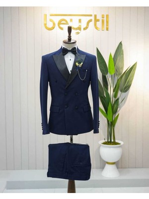 Beystil Sivri Yaka Lacivert Damatlık & Smokin Kruvaze Takım - Slim Fit