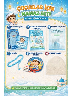 Simply Line Namaz öğreniyorum ve çizelgesi Çocuk Takke Tesbih Seccadesi Çanta Set Oğlumun Seccadesi Namazlık Ilk Namaza Alıştırma 45X90 cm