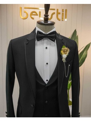 Beystil Sivri Yaka Siyah Damatlık & Smokin Takım Y77 - Slim Fit