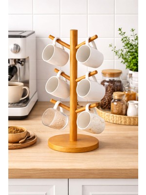 Ciho Socks Ciho Bambu 6 Askılı Kupa Bardak Askısı Kupa Standı Kahve Fincanı Rafı Tezgahüstü Kupa Ağacı