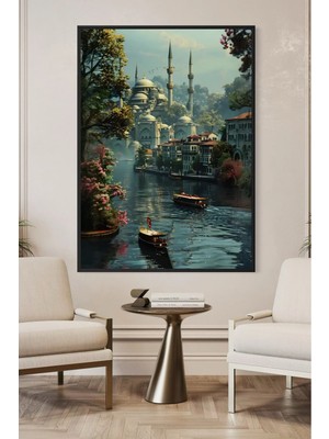Artan Gallery Italyan Kadife Istanbul Boğazı Tablosu | Cami & Vapur Manzarası Yağlı Boya Görünümlü Ahşap Çerçeveli