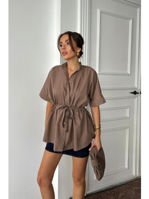 Infivento Bel Büzgü Detaylı Poplin Gömlek - Kahverengi