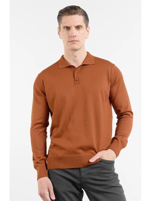 İmza Kiremit Polo Yaka Cepsiz Comfort Fit Classic Pamuklu Triko Kazak 1012255155