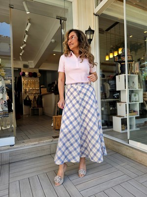 Ince Dokulu Dökümlü Astarlı Mavi Kareli Uzun Etek